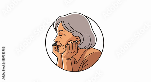 An illustration of an elderly woman with grey hair, profile view, relaxing with hands near face