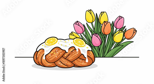 Vibrant illustration of a frosted braided bread with lemon slices next to a colorful bouquet of tulips