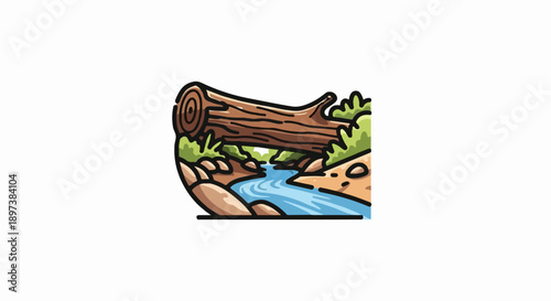 Vibrant cartoon illustration of a sturdy fallen log forming a natural bridge over a clear flowing stream