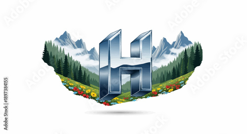 Shiny 3D letter H amidst a picturesque mountain landscape with green forests and colorful wildflowers