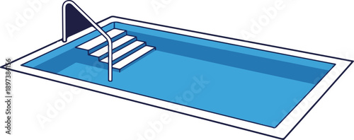 An isometric illustration of a rectangular blue swimming pool with white steps and a handrail