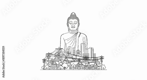 Line art of a Buddha statue rising above a bustling cityscape with modern towers and traditional homes