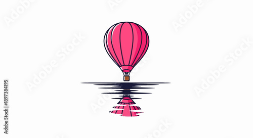 Vibrant pink hot air balloon illustration with dark outlines, reflected on a dark, calm water surface