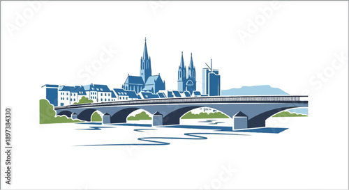 Stylized urban landscape a bridge spans a river, flanked by various buildings, spires, and foliage