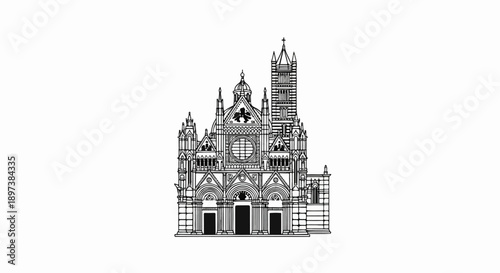 Detailed black and white line art illustration of an ornate gothic cathedral on a white background