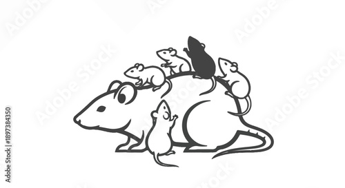 Black outline illustration of a large mouse with smaller mice climbing and sitting on its back, one is solid black