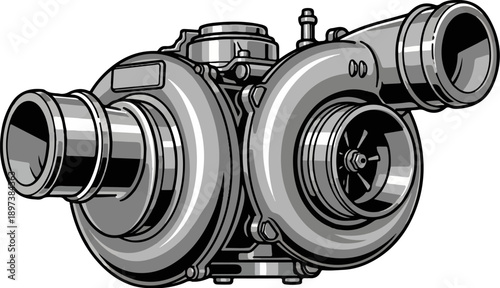 Detailed black and white vector illustration of a powerful twin-turbocharger automotive engine part