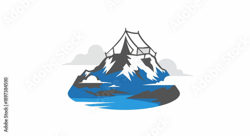 Stylized illustration of a mountain peak with a tent on top, surrounded by clouds and blue water