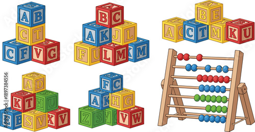 Vector set of colorful wooden alphabet blocks and traditional abacus toy for early childhood education and preschool learning