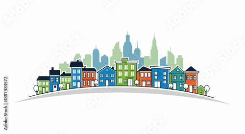 Colorful cartoon houses and buildings on a curving street with a city skyline in the background