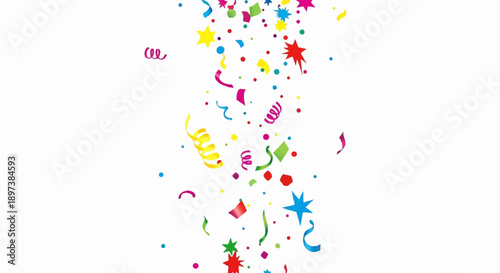 Brightly colored confetti, ribbons, stars, and dots falling vertically on a clean white background