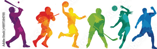 sports, athlete, silhouette, colorful, gradient, motion, energy, diversity, baseball, football, basketball, hockey, volleyball, soccer, action, dynamic, physical, activity, team, competition