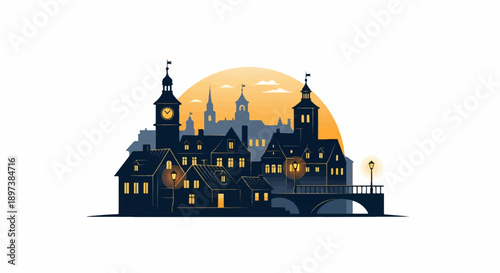 An idyllic vector illustration of a charming European town at sunset, featuring traditional buildings and a bridge