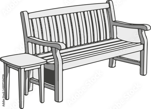Simple monochromatic vector illustration of a wooden outdoor bench with a small side table on white