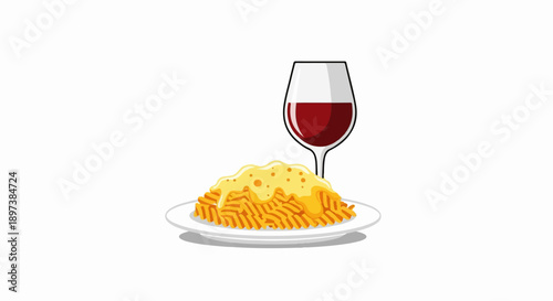 Illustration of a plate of fusilli pasta with melted cheese and a glass of red wine on a white background