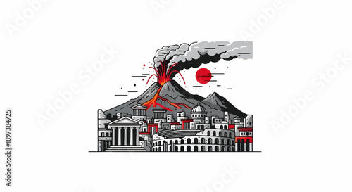 Vibrant line art illustration of an ancient city with famous landmarks under an erupting volcano with a red sun