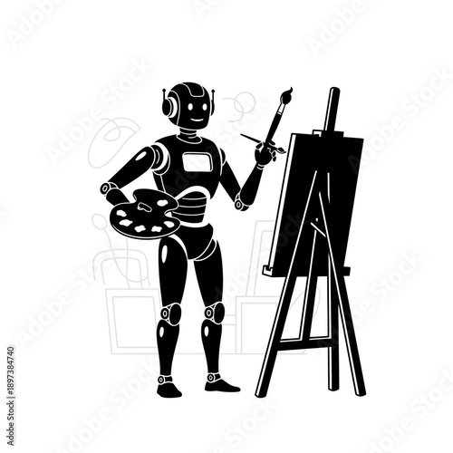 Creative Robot Artist Illustration – AI Painting on Easel for Art, Technology & Innovation Design