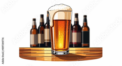 Vibrant golden beer with frothy head in a clear glass on a rustic wooden bar, blurred bottles behind