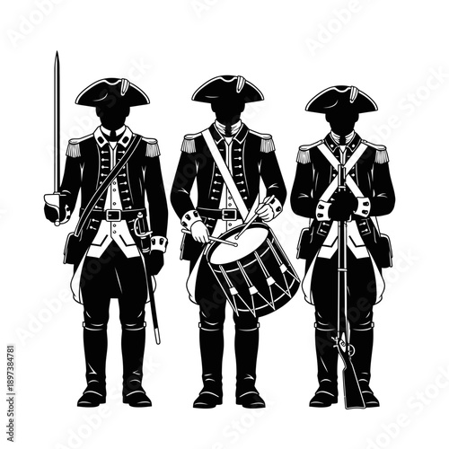 Colonial Military Drummers Illustration – Historical Soldier Musicians Silhouette for Heritage & History Design
