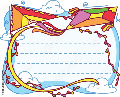 kids memo note frame with festival paper kites for message sticker, cartoon vector. Kids memo note or adhesive post and daily memo, agenda plan and diary planner with summer kites and wind hovers