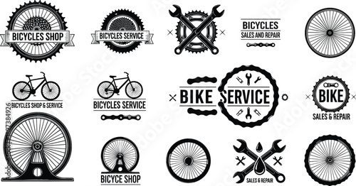 Vintage bicycle shop and repair service logo collection with gear wheels and crossed wrenches vector emblems set.