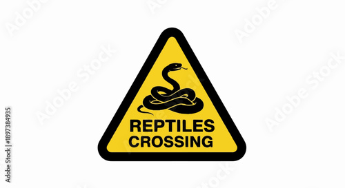 Yellow triangular warning sign with a black border, showing a snake and "REPTILES CROSSING" text