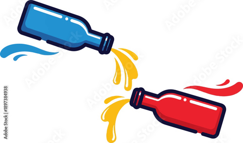 Two stylized blue and red bottles pour yellow liquid, creating vibrant splashes in a playful cartoon style