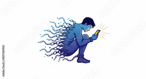 Blue figure, chained at wrist/ankle, intently gazes at glowing phone; chains dissipate from its back