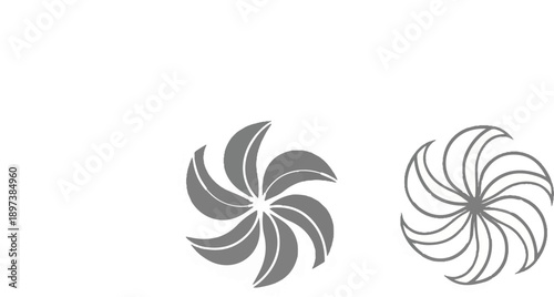 Two grey, abstract, swirling fan or pinwheel-like graphic designs centered on a pristine white background