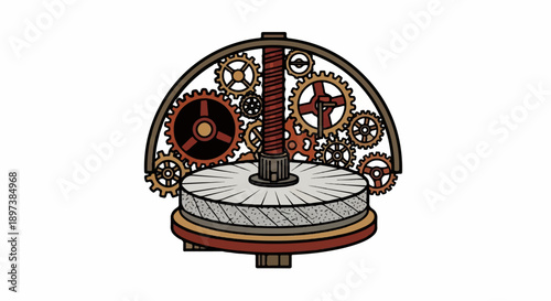 An intricate cartoon illustration of an industrial mechanism with numerous gears and a large grinding stone