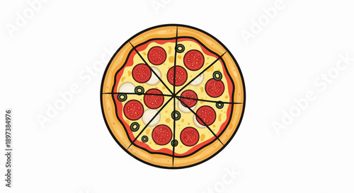 An appetizing cartoon-style pizza, sliced into eight pieces, with pepperoni, onion, and olives