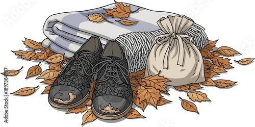 Illustration of an autumn scene with well-worn shoes, a striped blanket, a tied bag, and fall leaves