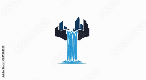 Stylized dark blue city buildings on either side of a bright blue cascading waterfall, white background