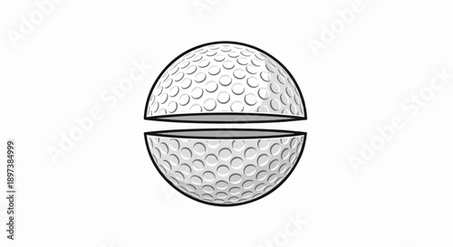 Minimalist illustration of a dimpled white ball, cut in half with a slight gap, white background