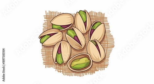 An illustration of several green pistachios, some open with purple inner skin, scattered on a woven texture