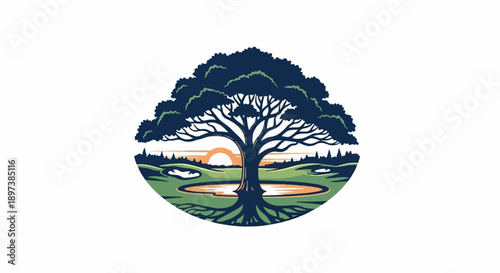 Stylized circular illustration of a vibrant tree with exposed roots on a golf course at sunset