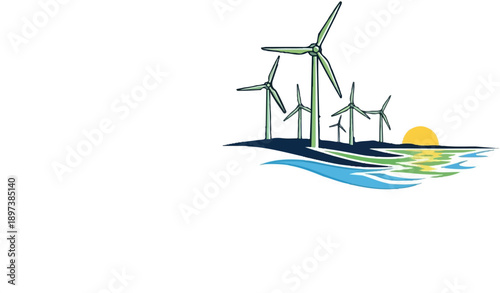 Stylized illustration of green wind turbines on land by water with a setting sun, symbolizing renewable energy
