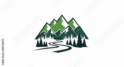 Stylized illustration of green mountains, snowy peaks, evergreen forest, and a winding road