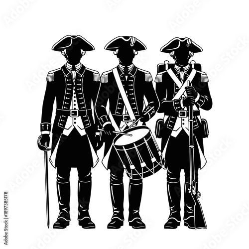Colonial Military Drummers Illustration – Historical Soldier Musicians Silhouette for Heritage & History Design