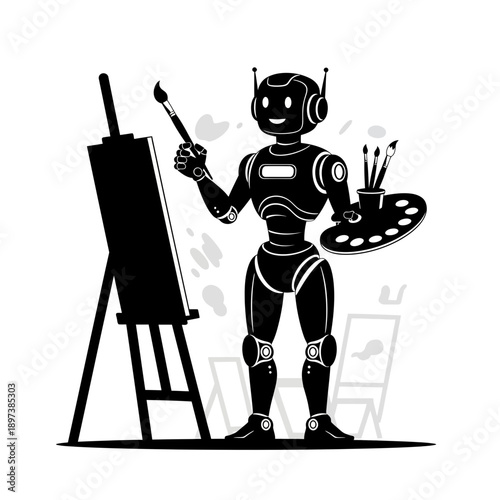 Creative Robot Artist Illustration – AI Painting on Easel for Art, Technology & Innovation Design