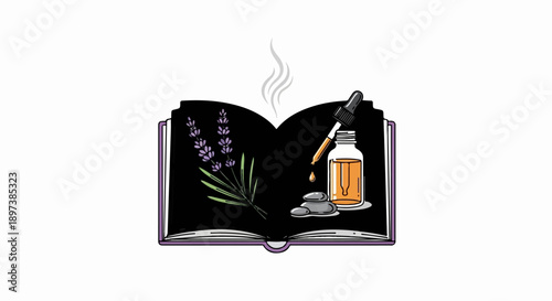 Open book with lavender, essential oil dropper bottle, and spa stones, emitting a soothing scent