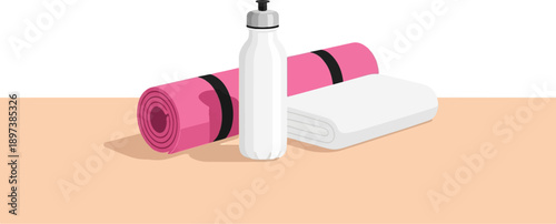 Illustration of pink rolled yoga mat, white water bottle, and folded white towel on a peach surface