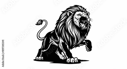 Bold black and white illustration of a roaring lion, standing with one paw raised