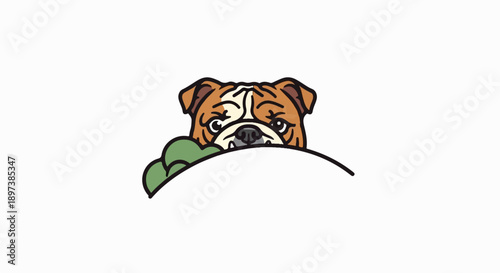 Cartoon illustration of a brown and white bulldog peeking over a curved green shape on a white background
