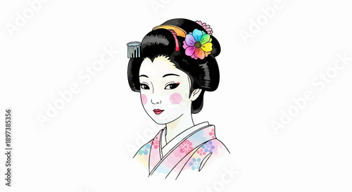 An illustration of a woman with traditional makeup and hairstyle, adorned with a colorful flower