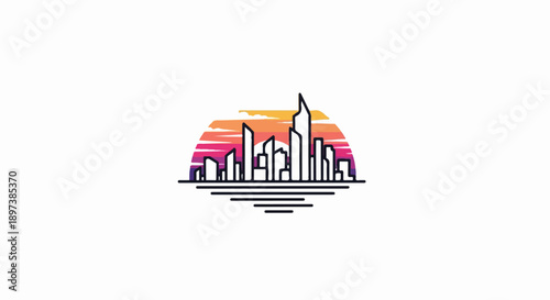 Minimalist city skyline outline with a vibrant retro-style gradient sunset background and reflective lines