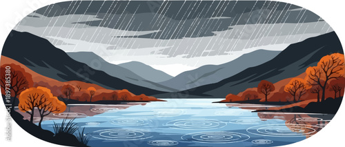 Pixel art landscape of mountains, a lake with rain ripples, and vibrant autumn trees under a cloudy sky