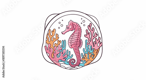 Stylized pink seahorse amidst colorful coral and bubbles, framed in an abstract outline, underwater theme