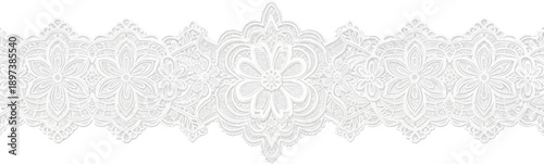 Seamless white and light gray intricate lace border with ornate floral patterns on a pure white background