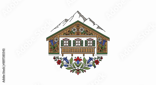 Illustration of an ornate Alpine chalet with balcony, floral decorations, mountains, and a lower flower wreath